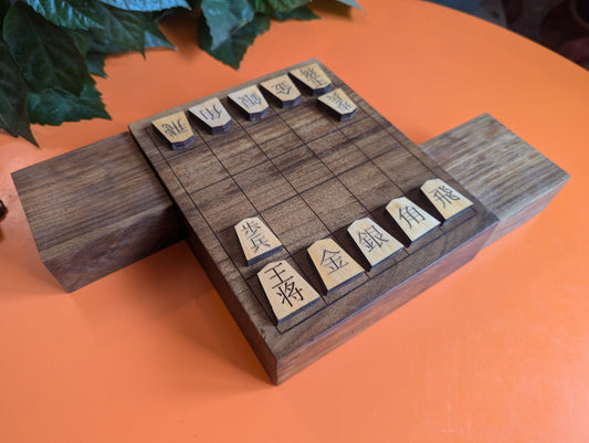 Minishogi & Kyoto shogi set. Thick solid Walnut board. Handcarved thin lines