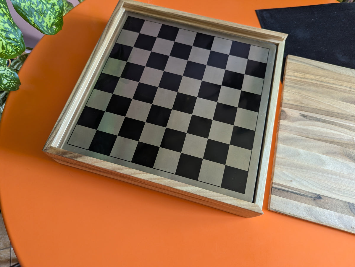 Luxury unusual chess set. Metal animal chess pieces in walnut box