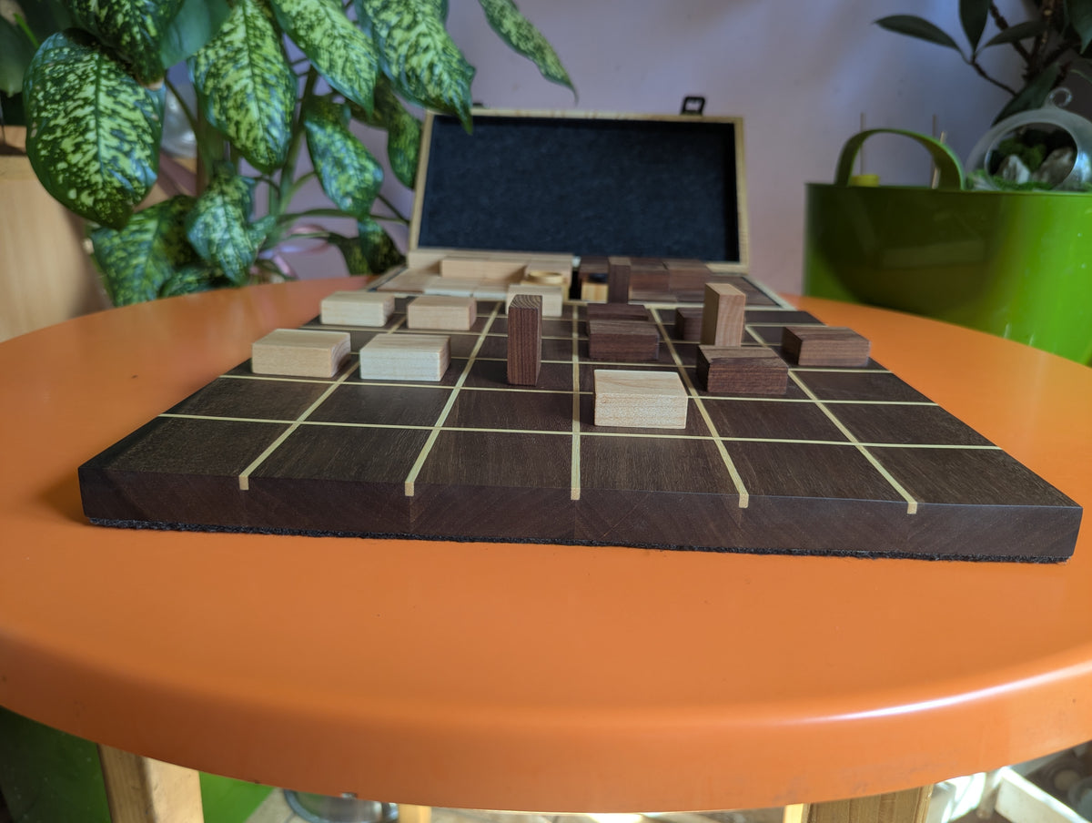 Foldable wooden Tak game set. 14" Walnut wood board