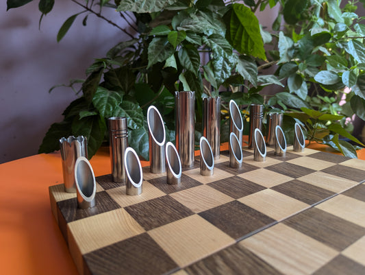 Foldable Stainless Steel Chess Set with Wooden Chessboard/box. Handmade.