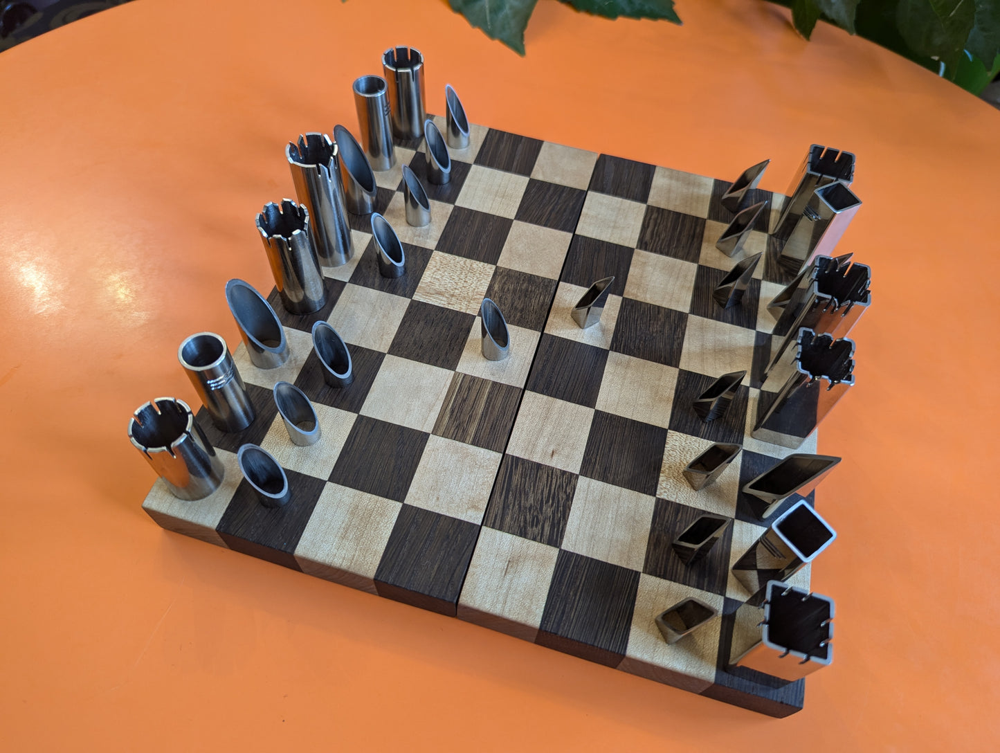 Small Foldable Stainless Steel Chess Set with Wooden Chessboard/box. Handmade.