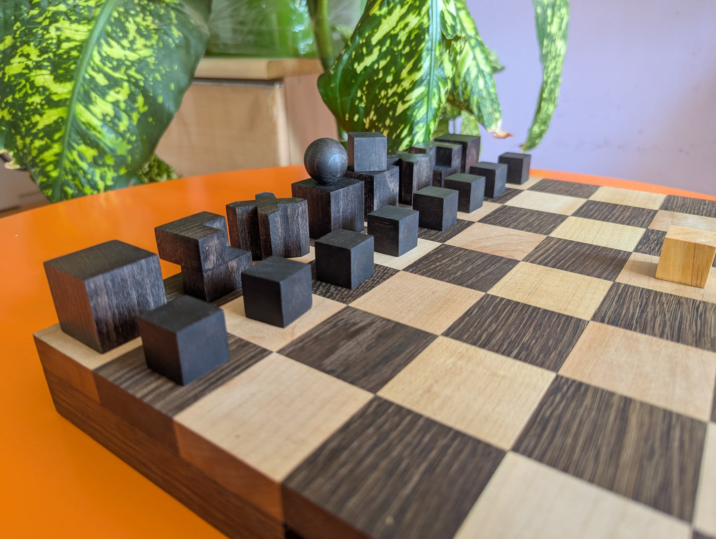 Portable Bauhaus Chess Set with Wooden Chessboard/Chessbox. Handmade.