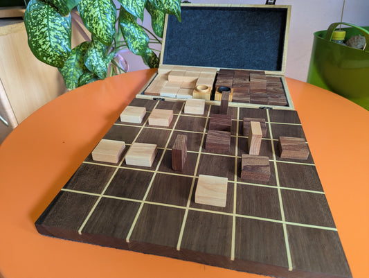 Foldable wooden Tak game set. 14" Walnut wood board