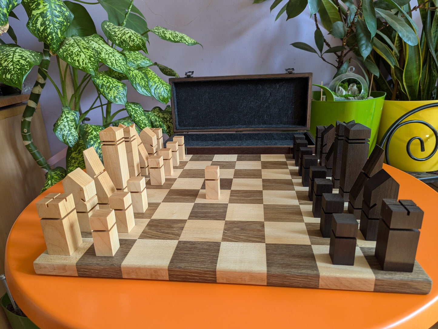 Mid-Century Modern Chess Set. Handmade wooden chess