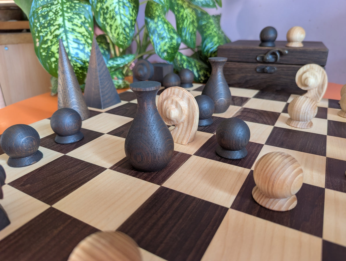 Handmade wood abstract geometric chess set