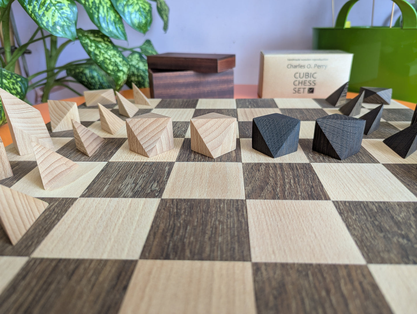 Cubic Chess Set by Charles O. Perry. Handmade wooden reproduction