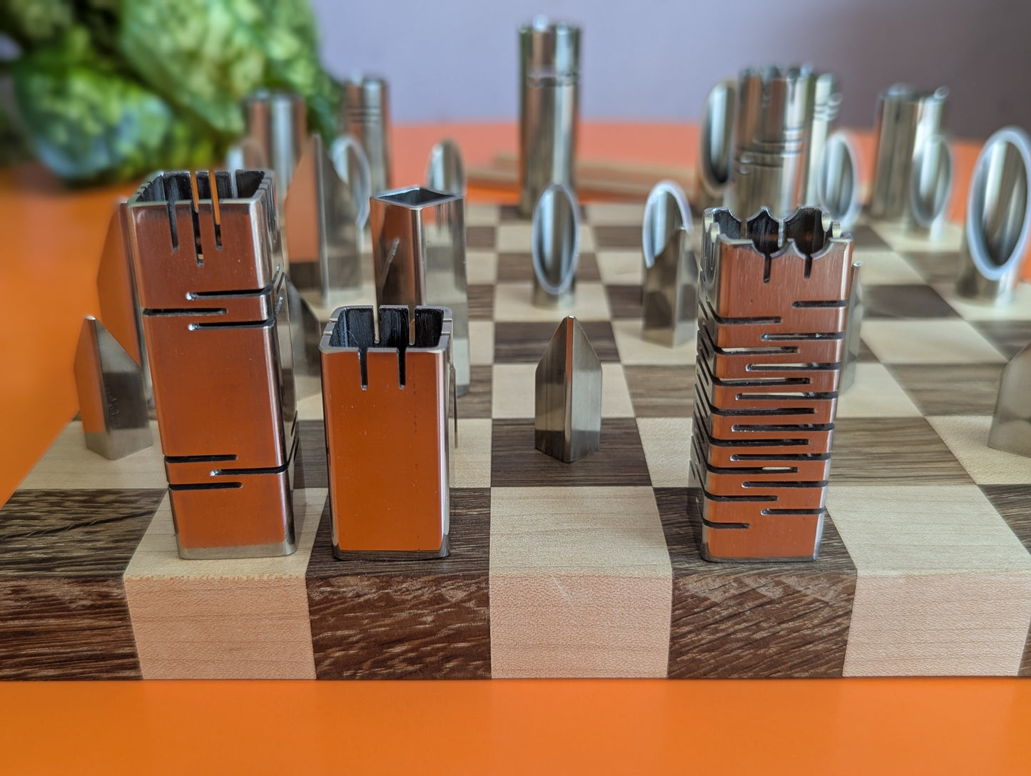 Compact Foldable Stainless Steel Chess Set with Wooden Chessboard/box. Handmade.