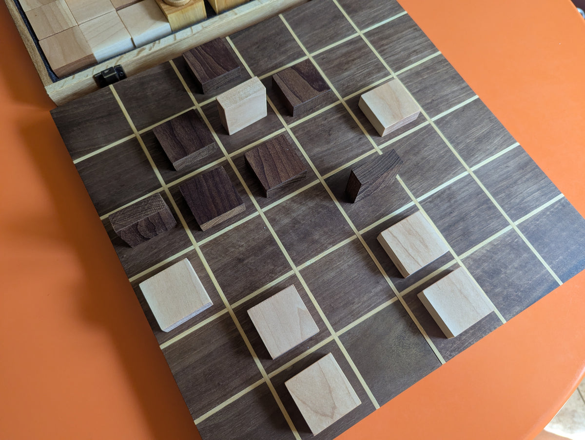 Foldable wooden Tak game set. 14" Walnut wood board