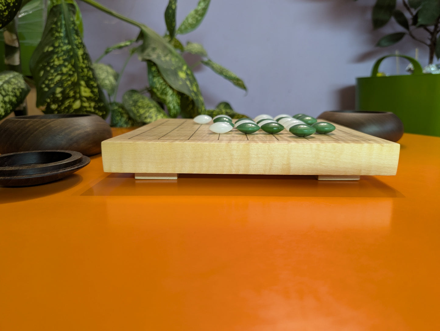 Solid maple 9x9 Goban with wave grain wood. Hand carved game Go board.