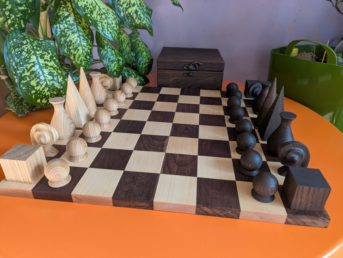 Handmade wood abstract geometric chess set