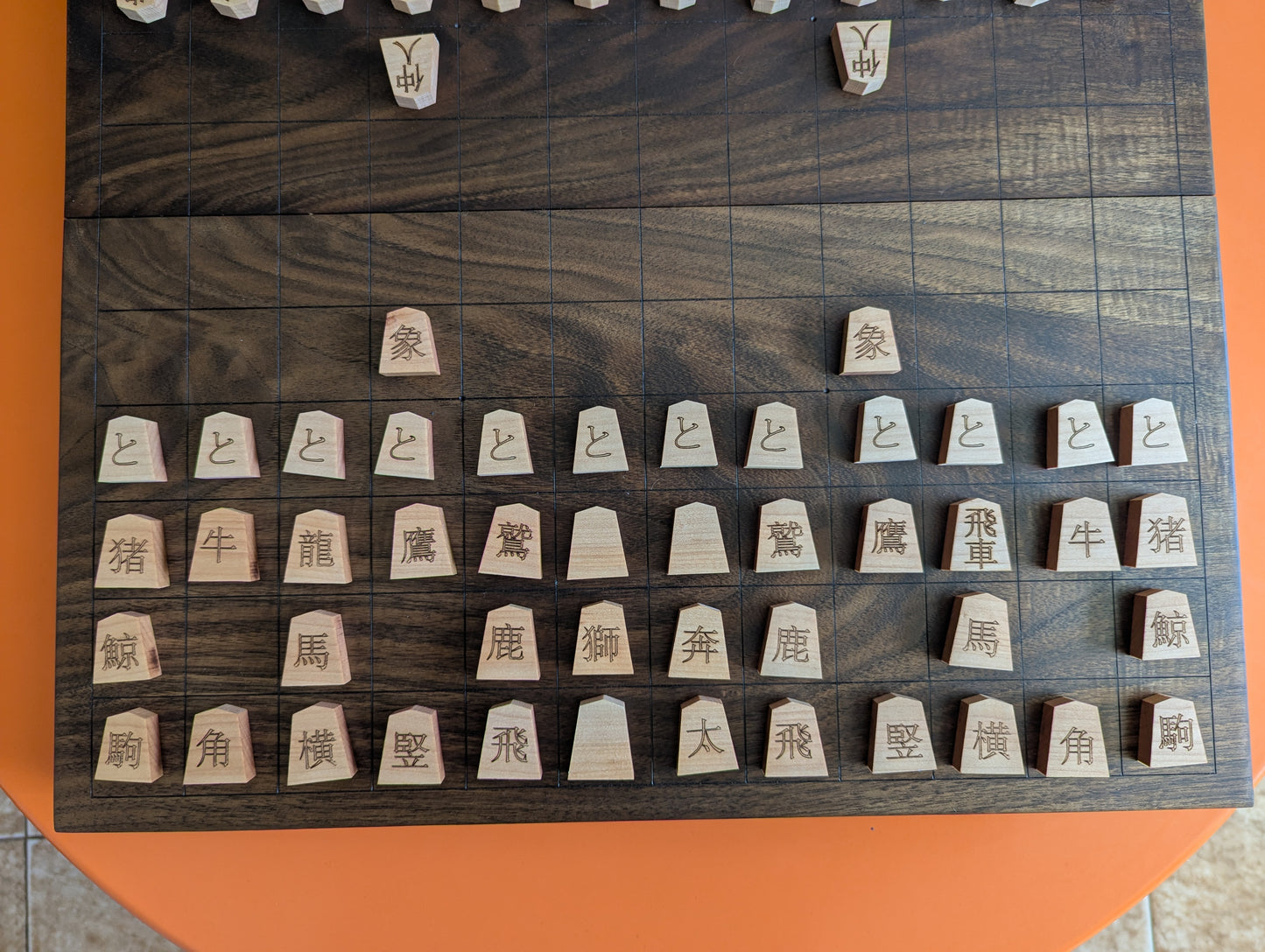 Chu Shogi game set. Foldable Handmade solid walnut Middle Shogi with thick maple pieces. Traditional Japanese games.