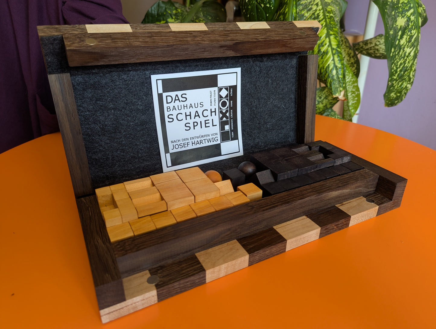 Portable Bauhaus Chess Set with Wooden Chessboard/Chessbox. Handmade.
