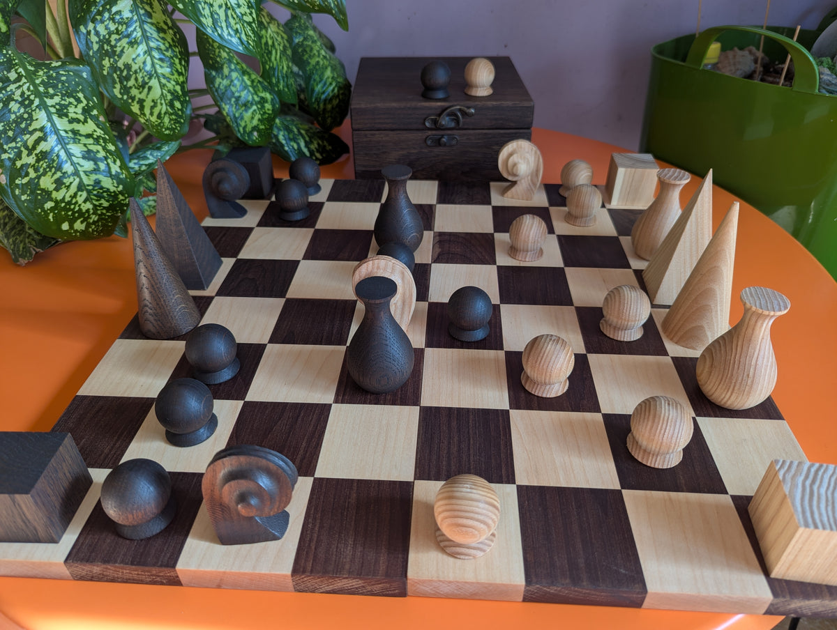 Handmade wood abstract geometric chess set