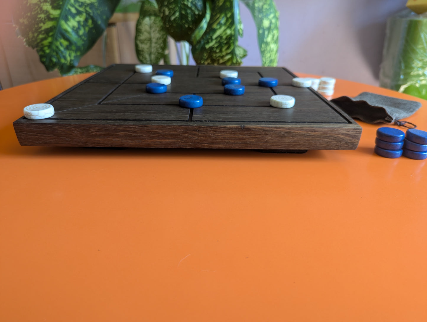 Handmade Twelve/Nine men's Morris game set. 13.5" Solid bog oak wood board