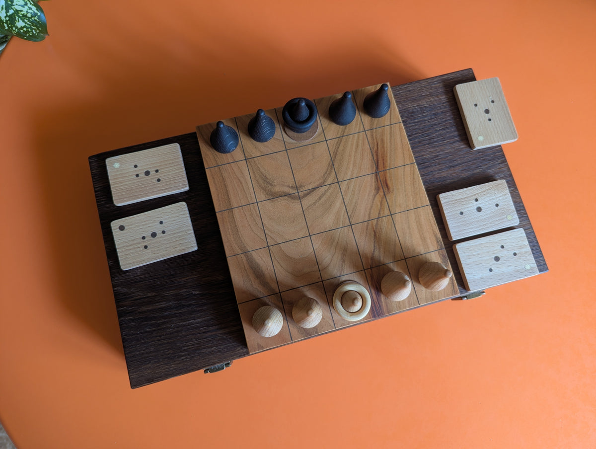 Wooden Onitama game set. Hardwood wood tiles. Martial arts game.