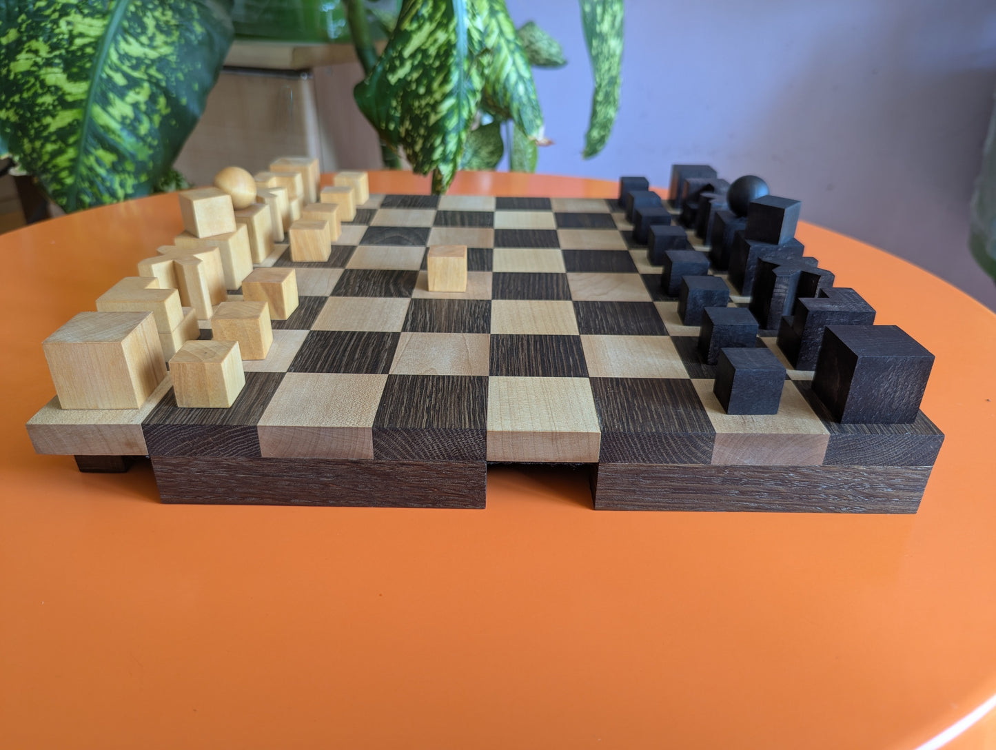 Portable Bauhaus Chess Set with Wooden Chessboard/Chessbox. Handmade.