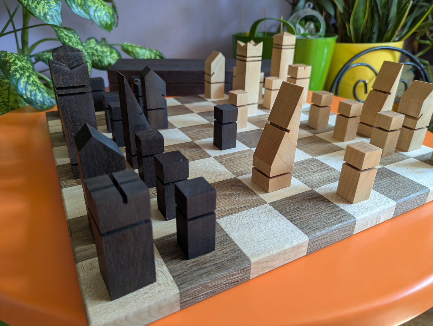 Mid-Century Modern Chess Set. Handmade wooden chess