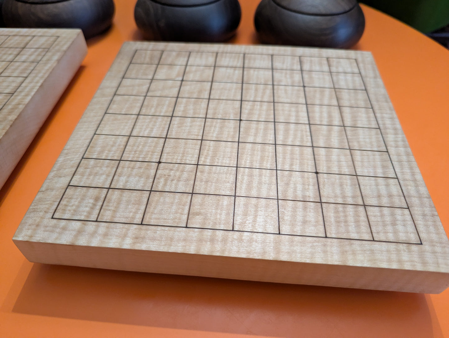 Solid maple 9x9 Goban with wave grain wood. Hand carved game Go board.