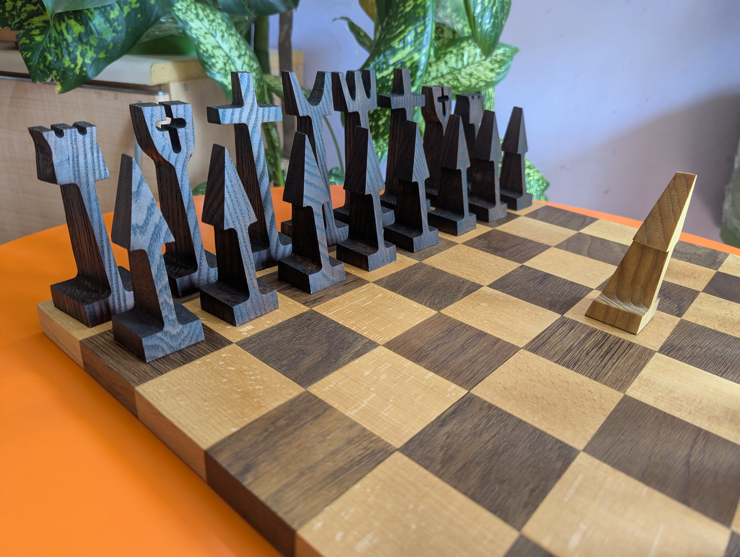 5" handmade wooden abstract chess set in wooden box-stand