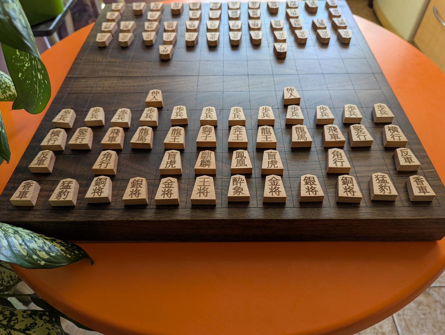 Chu Shogi game set. Foldable Handmade solid walnut Middle Shogi with thick maple pieces. Traditional Japanese games.