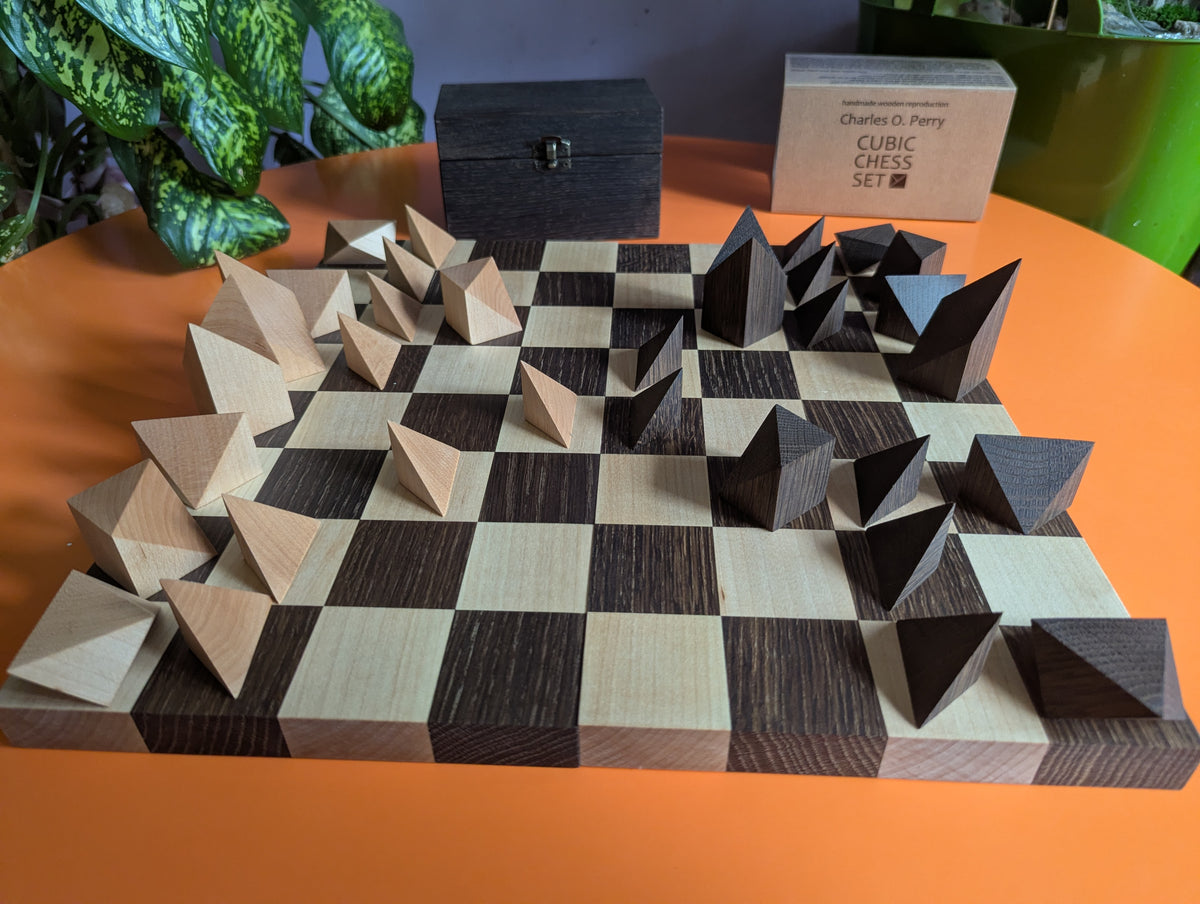 Cubic Chess Set by Charles O. Perry. Handmade wooden reproduction