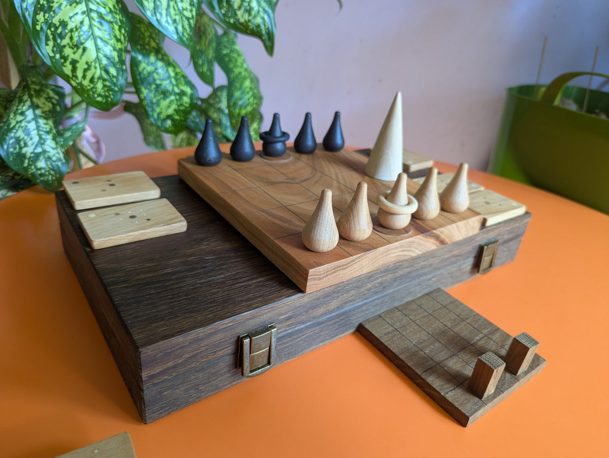 Wooden Onitama game set. Hardwood wood tiles. Martial arts game.