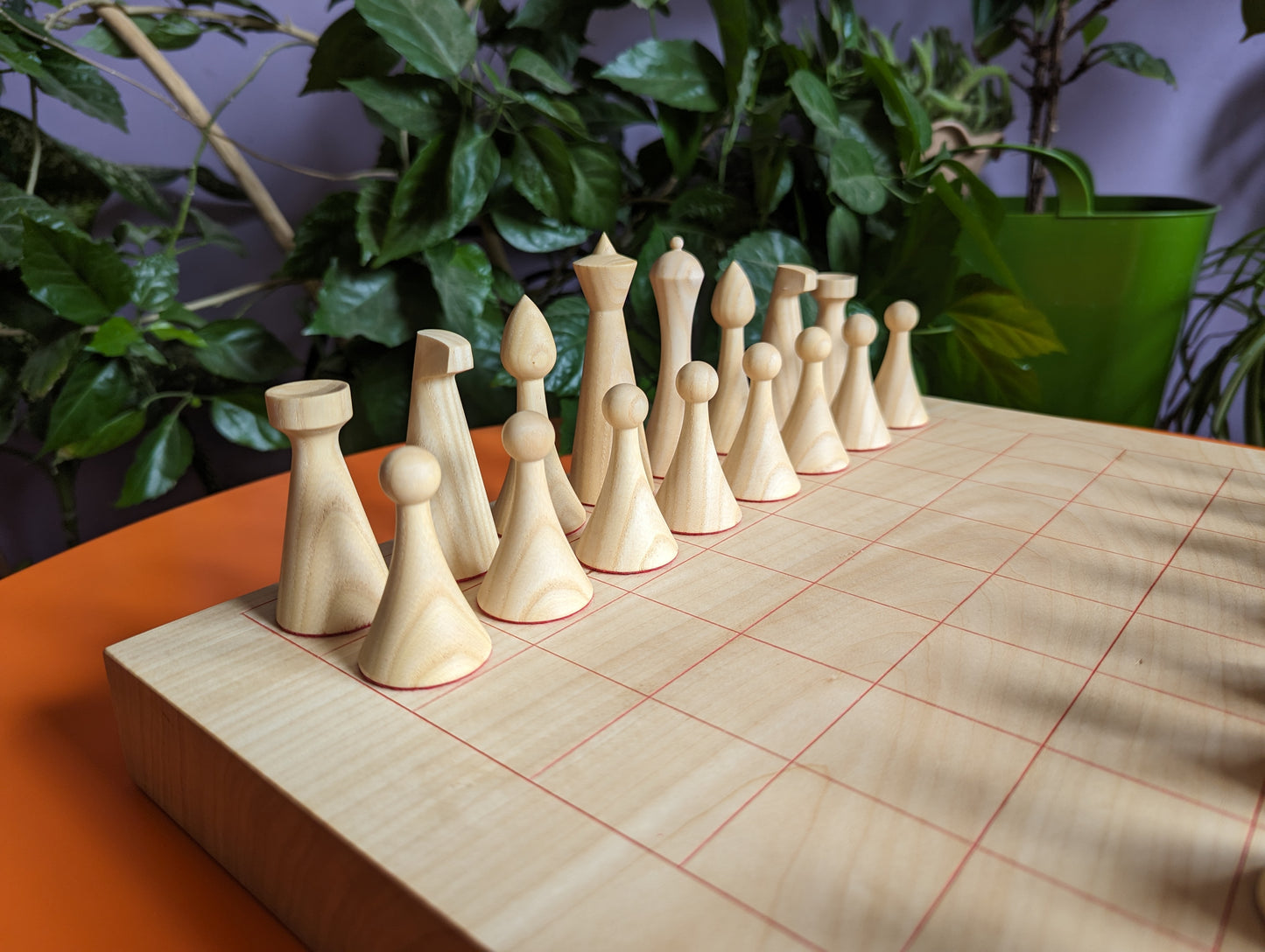 Red lines minimalist Chess. 100% wood White Chess Set from Ukraine