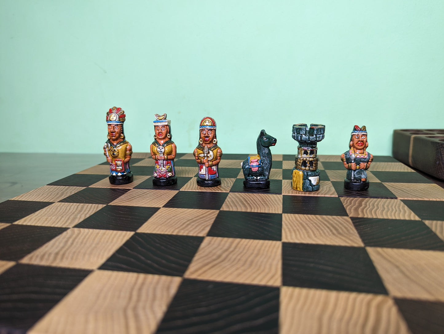 Inca vs Conquistador Chess Set in bog oak wood Cheest