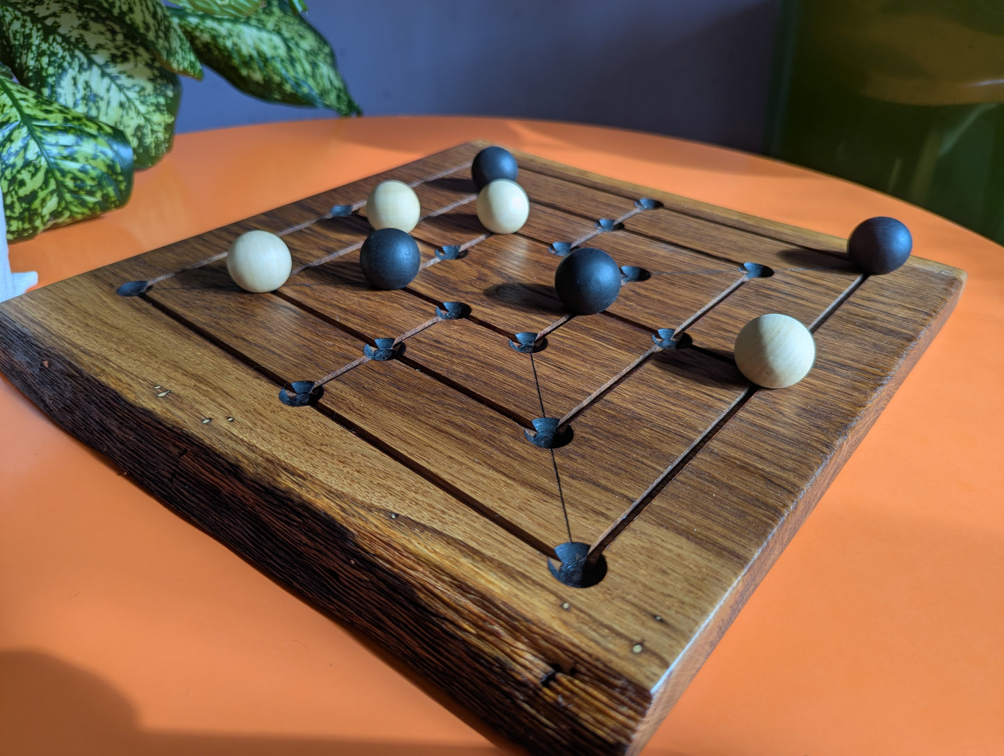Handmade Twelve/Nine men's Morris game set. Solid oak wood board with live egde.