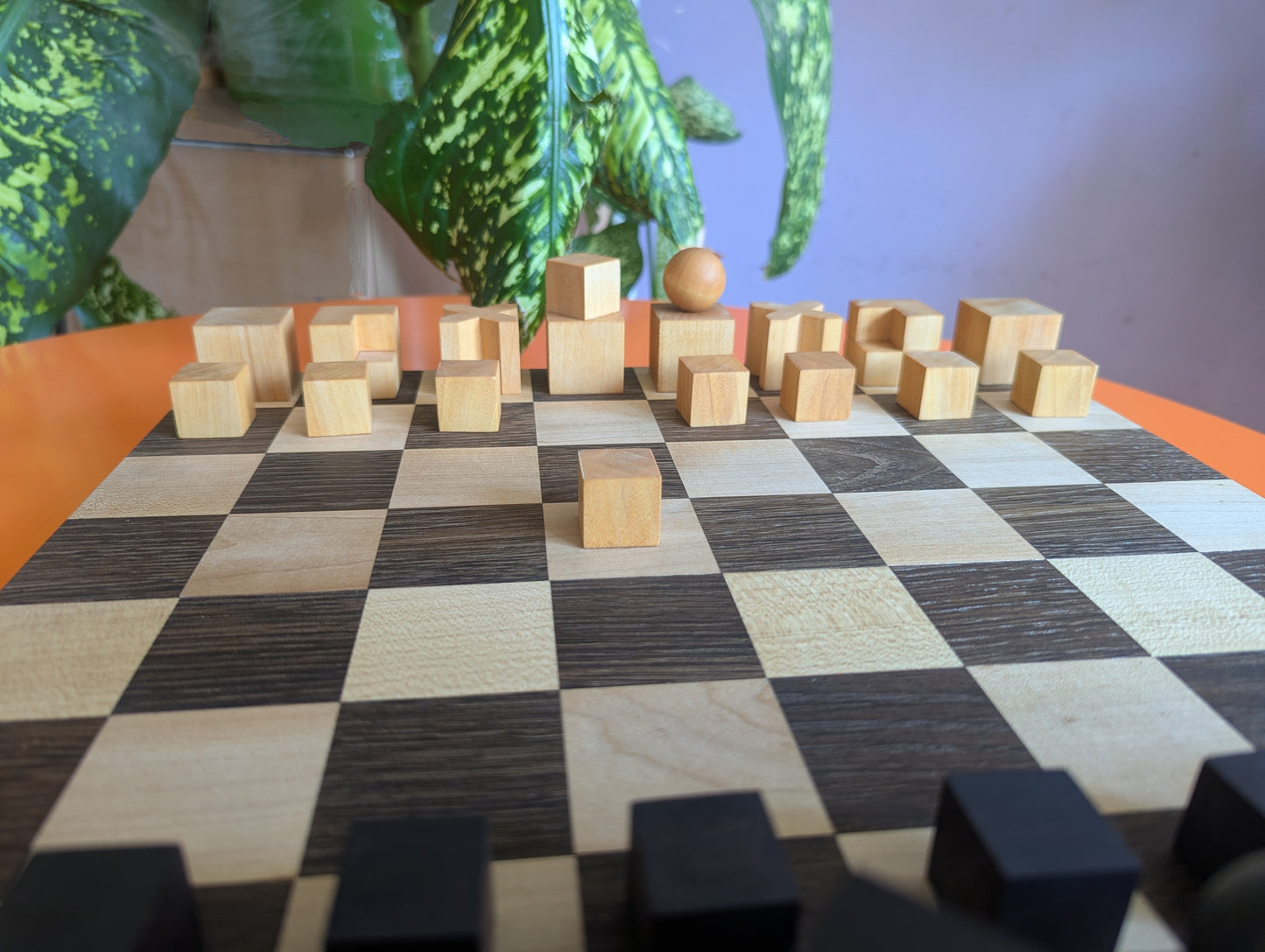 Portable Bauhaus Chess Set with Wooden Chessboard/Chessbox. Handmade.
