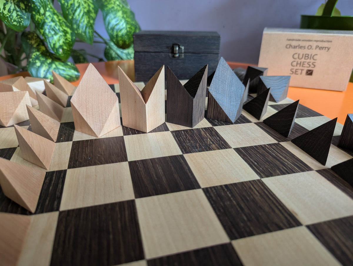 Cubic Chess Set by Charles O. Perry. Handmade wooden reproduction