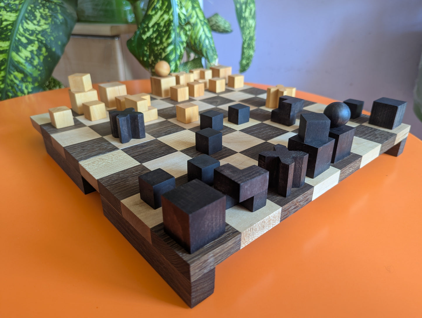 Portable Bauhaus Chess Set with Wooden Chessboard/Chessbox. Handmade.