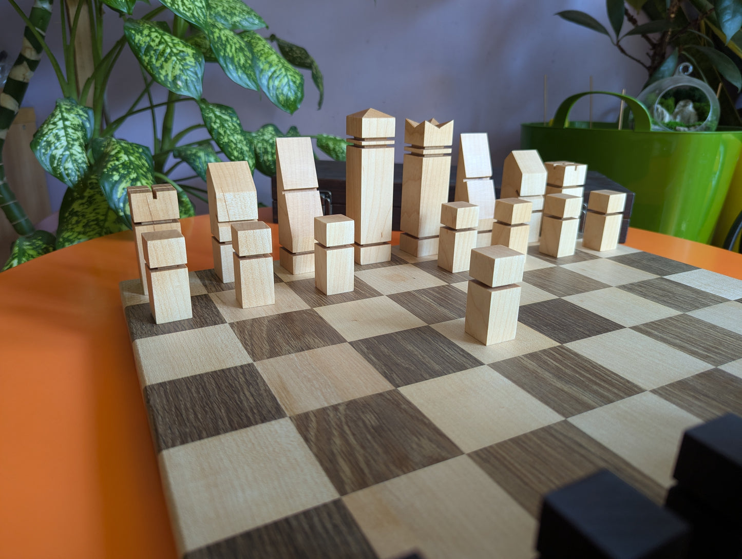 Mid-Century Modern Chess Set. Handmade wooden chess