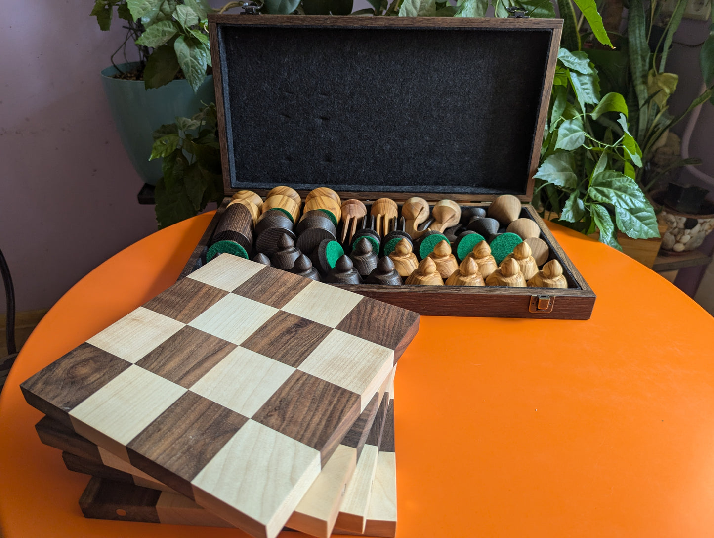 5.5" Handmade wood abstract artistic chess set in wooden box