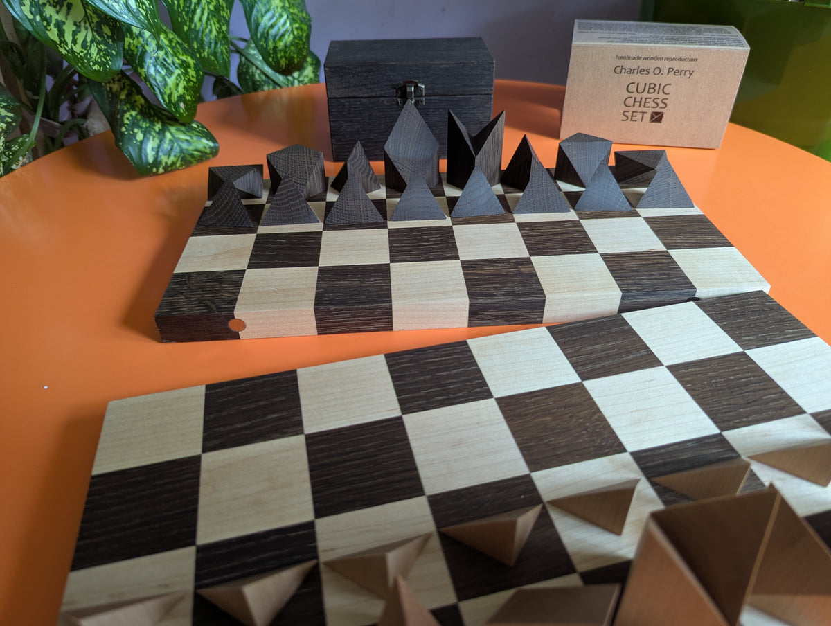 Cubic Chess Set by Charles O. Perry. Handmade wooden reproduction