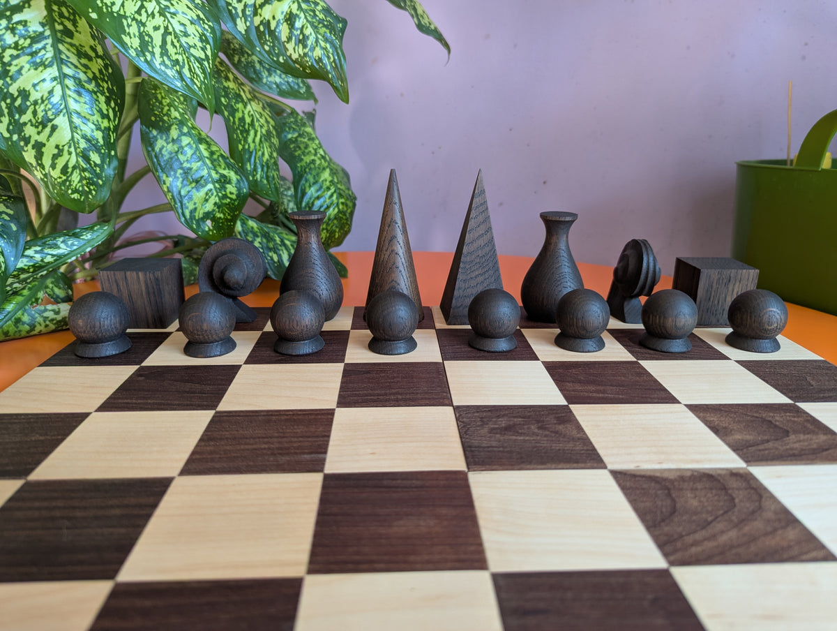 Handmade wood abstract geometric chess set