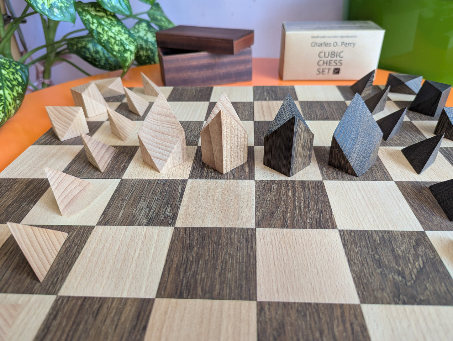 Cubic Chess Set by Charles O. Perry. Handmade wooden reproduction