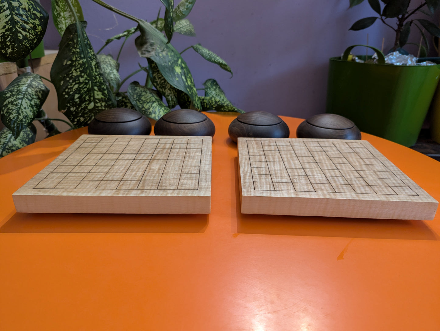 Solid maple 9x9 Goban with wave grain wood. Hand carved game Go board.