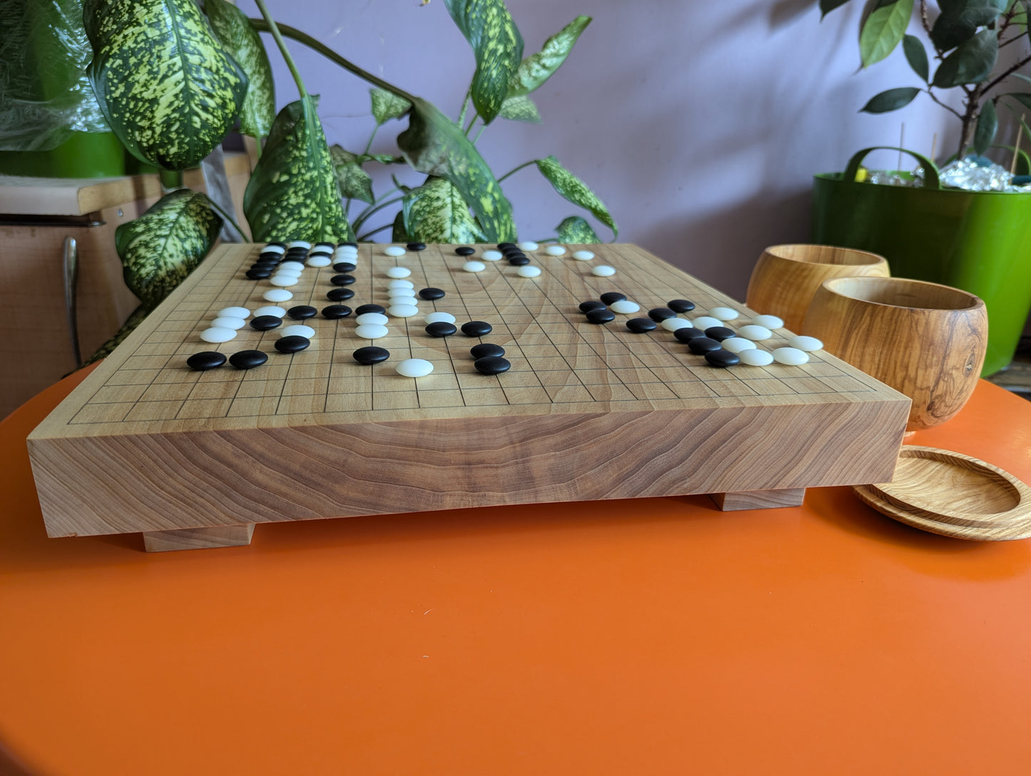 Full Goban solid wood hand carved 19x19 game Go board. Hardwood board