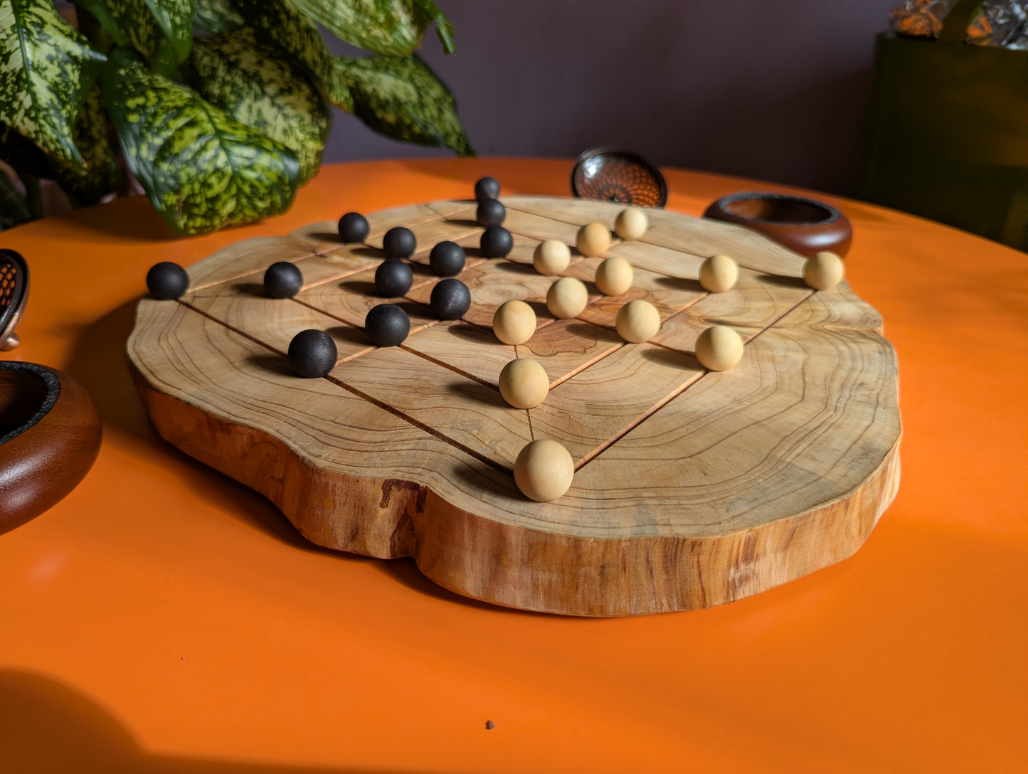 Handmade Twelve/Nine men's Morris game set. Circle Juniper wood board with live egde.