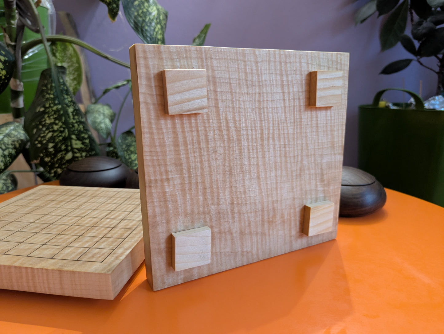 Solid maple 9x9 Goban with wave grain wood. Hand carved game Go board.