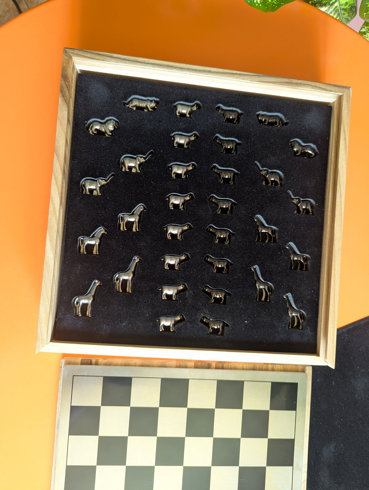 Luxury unusual chess set. Metal animal chess pieces in walnut box