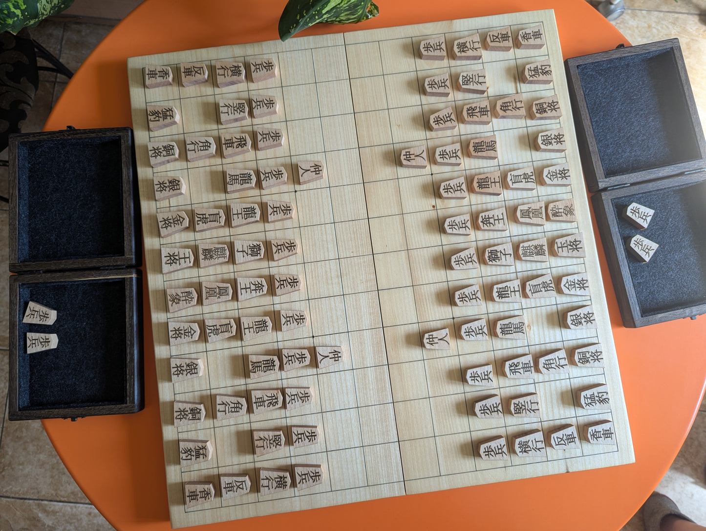 Foldable Chu Shogi game set. Handmade solid walnut Middle Shogi with thick maple pieces