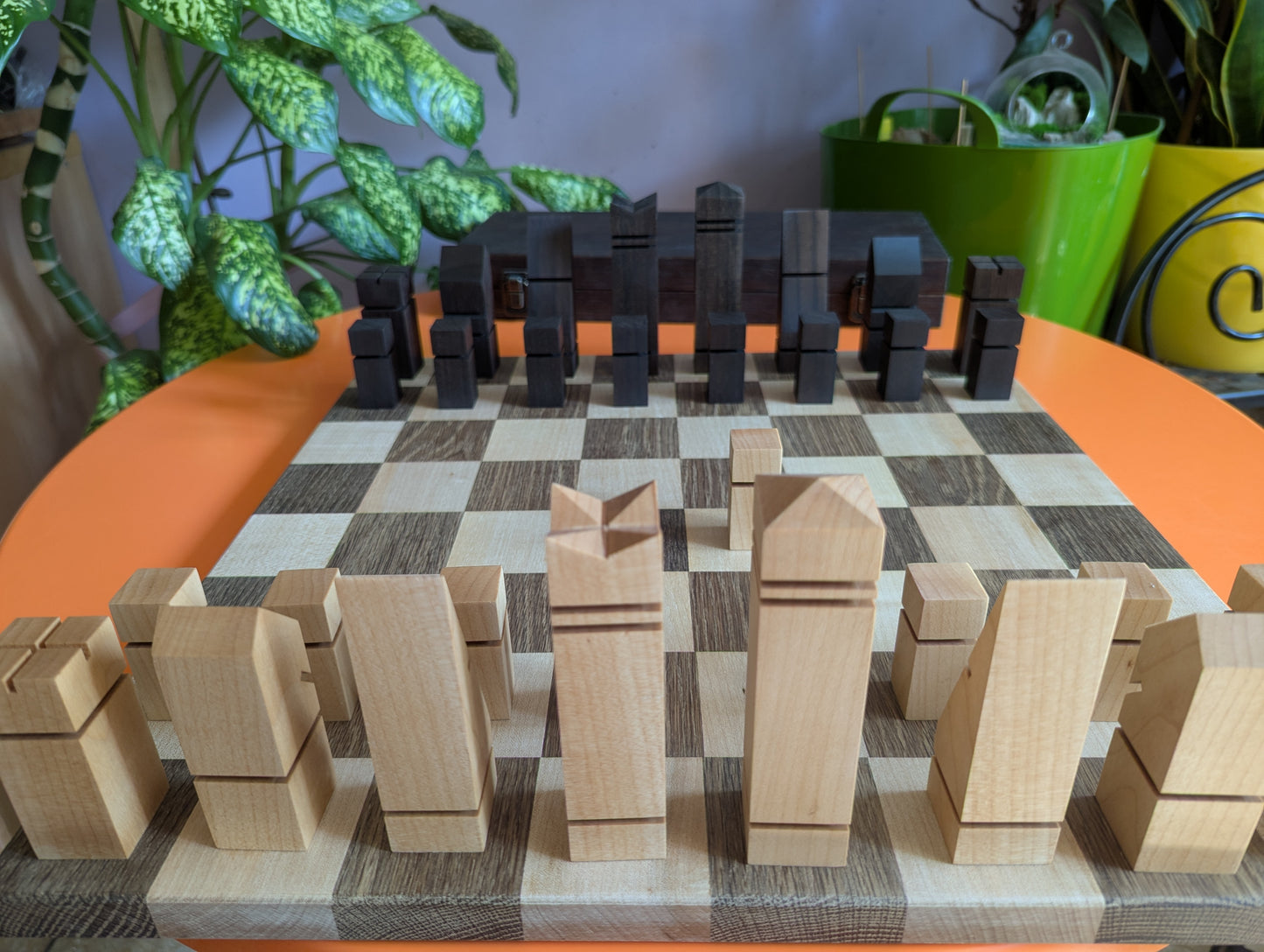 Mid-Century Modern Chess Set. Handmade wooden chess