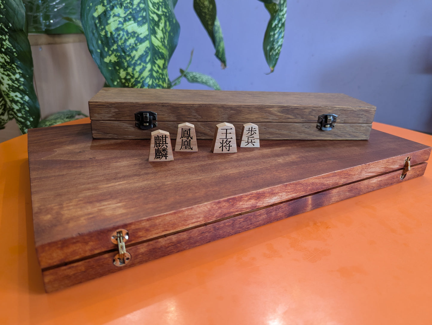 Foldable Chu Shogi game set. Handmade solid walnut Middle Shogi with thick maple pieces