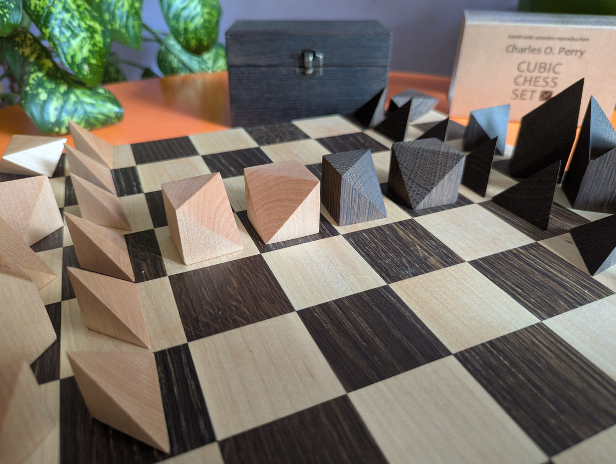Cubic Chess Set by Charles O. Perry. Handmade wooden reproduction