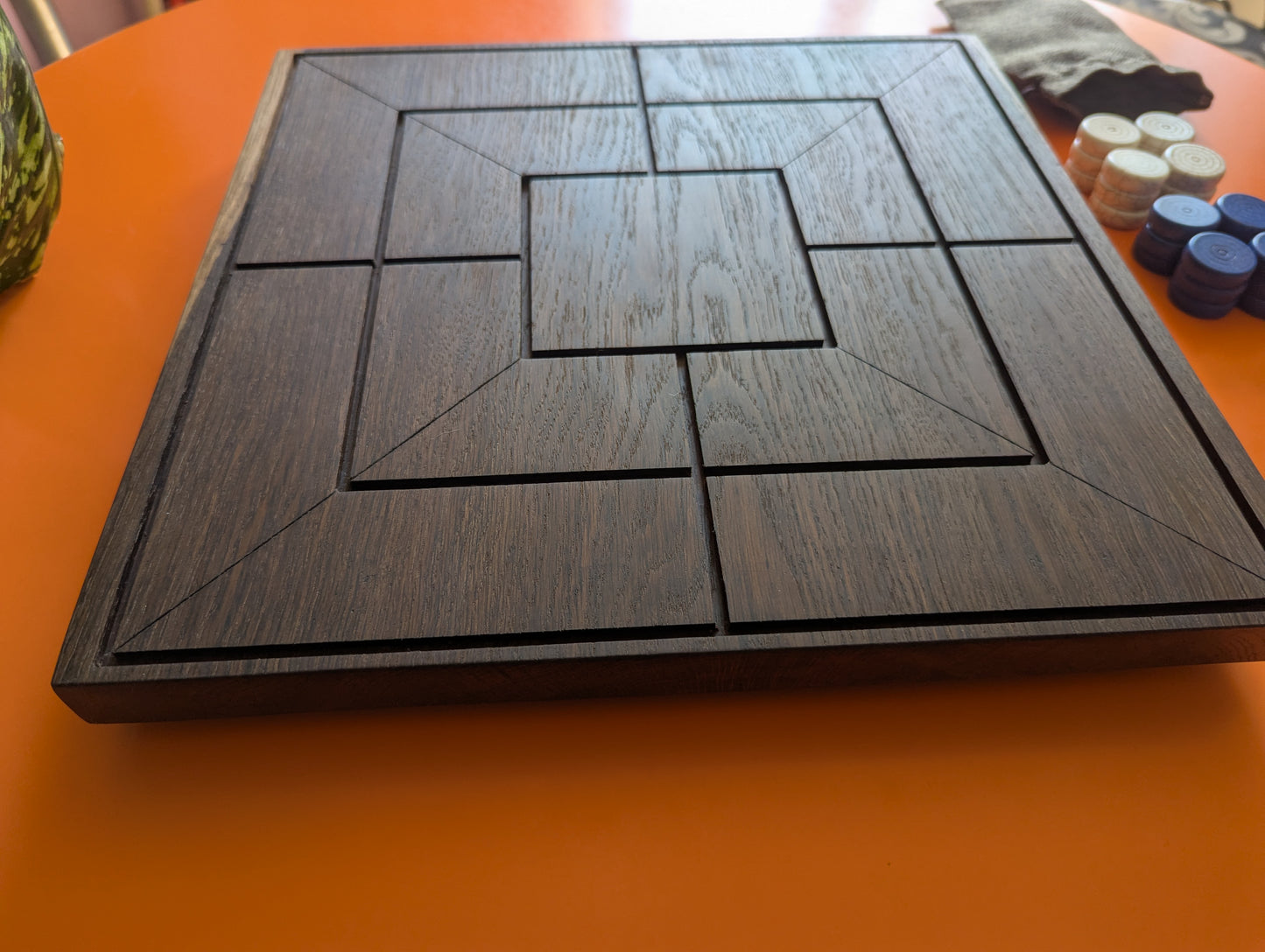 Handmade Twelve/Nine men's Morris game set. 13.5" Solid bog oak wood board