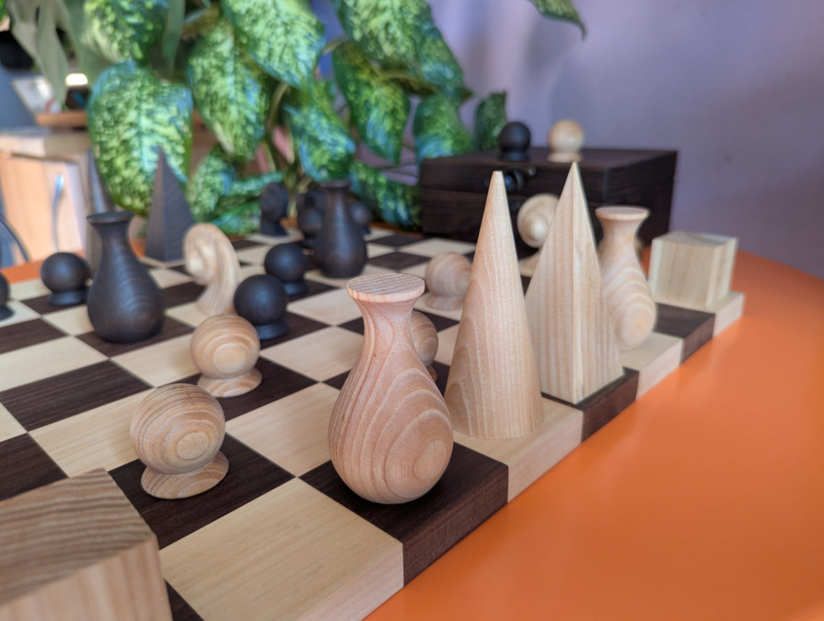 Handmade wood abstract geometric chess set