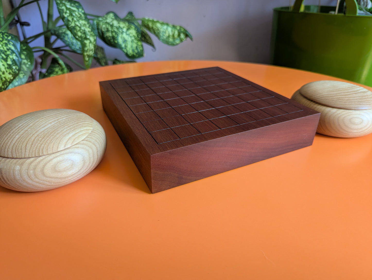 Redwood 9x9 game Go set. Hand carved solid wood Goban.