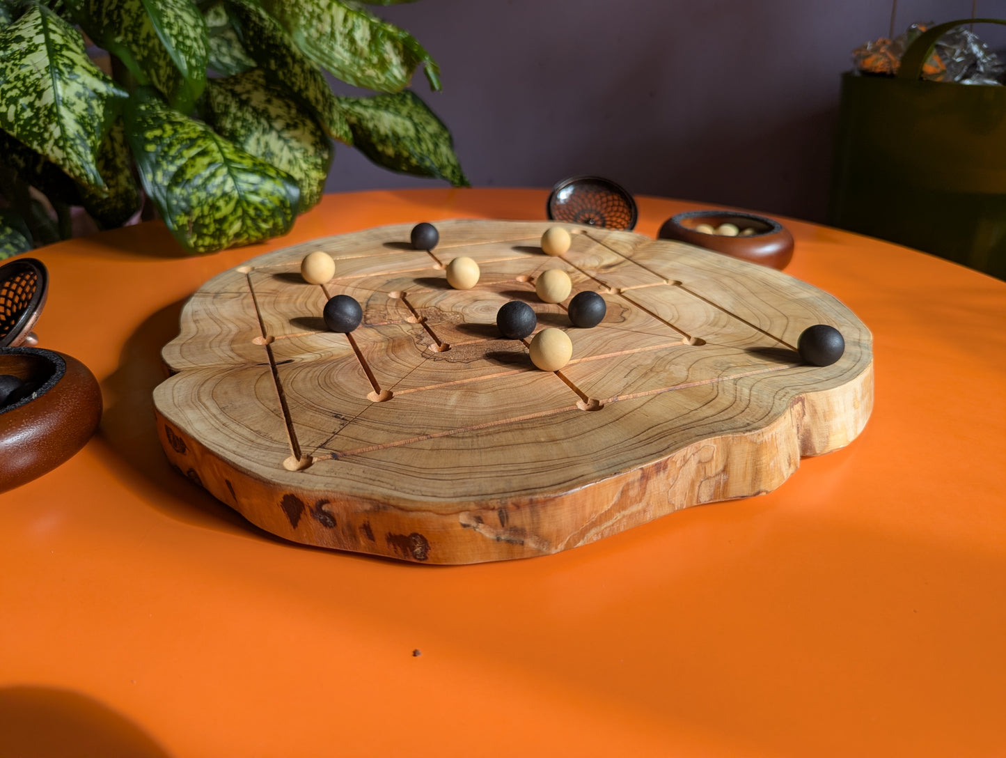 Handmade Twelve/Nine men's Morris game set. Circle Juniper wood board with live egde.
